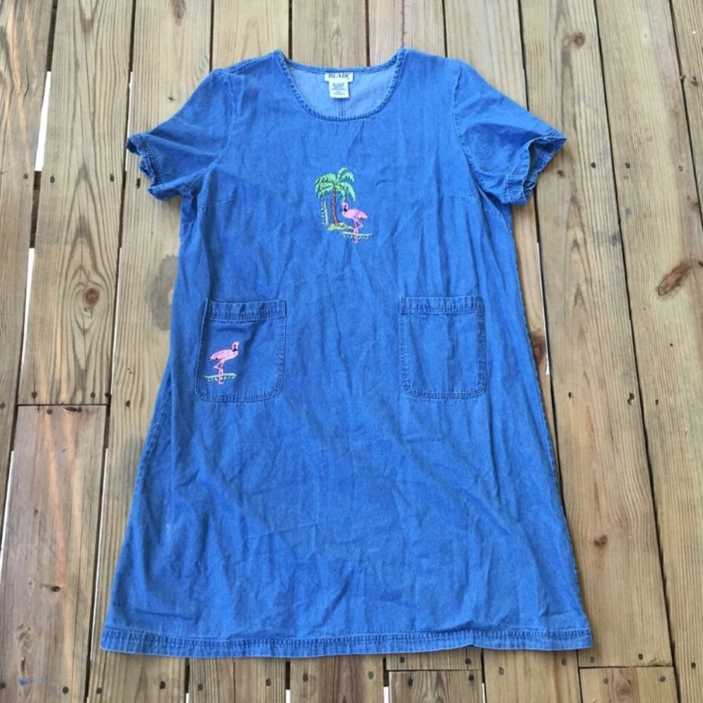 Vintage Chambray Denim Dress w/ Flamingo Print