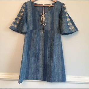 Umgee Chambray Denim Embroidered Boho Dress NWT