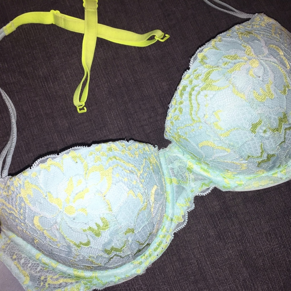 Beautiful Teal Lime Green Padded Lace VS BRA
