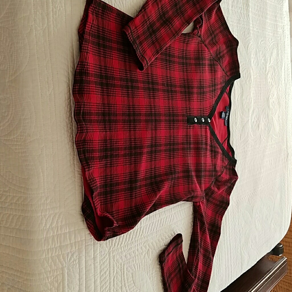 Chaps black and red top.