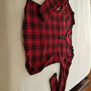 Chaps black and red top.