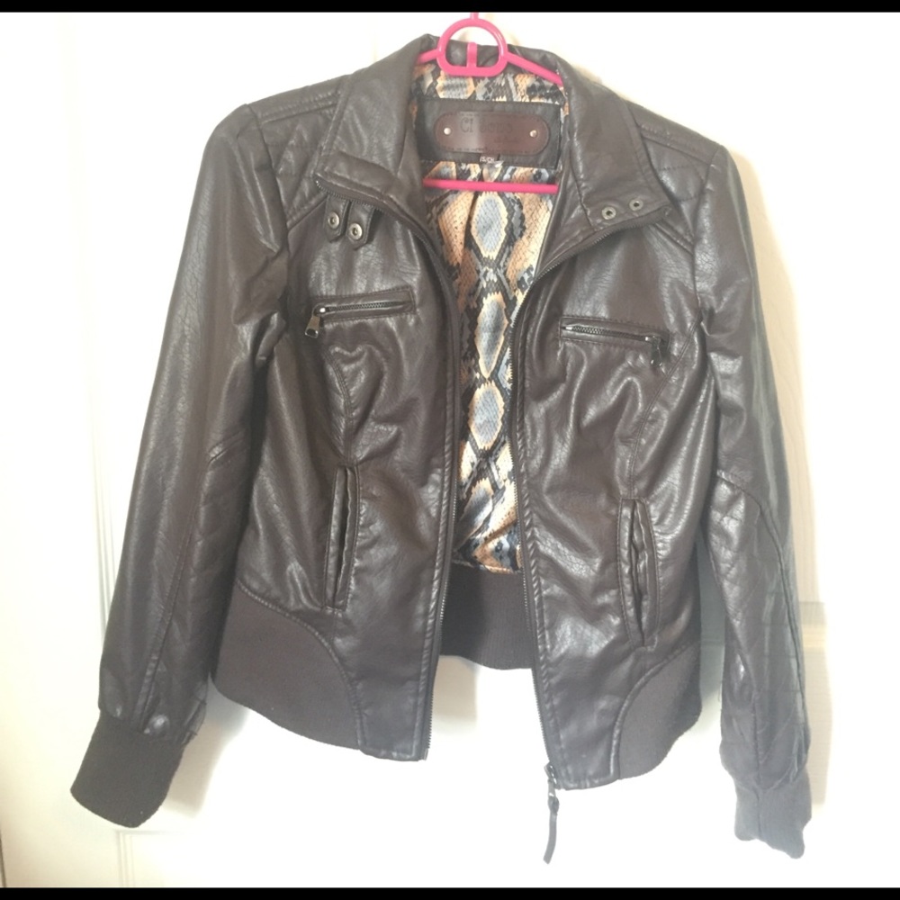Brown leather bomber jacket