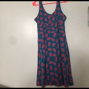 Bright blue Lola dress with pink leaves