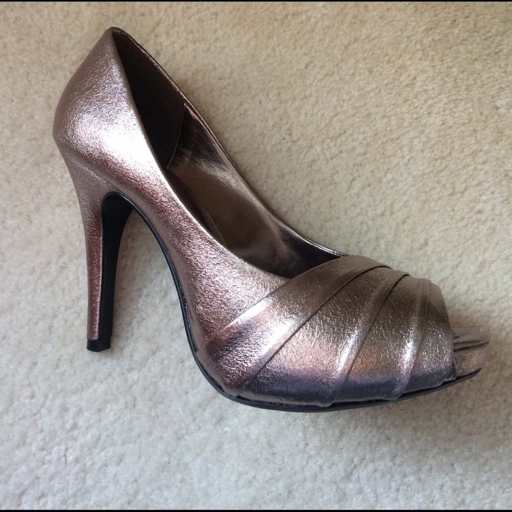 Pewter peep toe heels.
