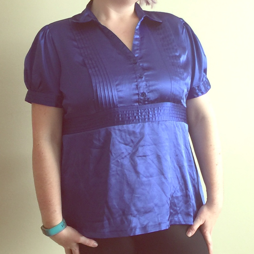 Blue Satin Dress Blouse /w Bow