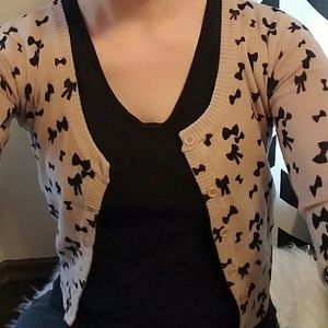 Cropped Tan & Black Bow Cardigan