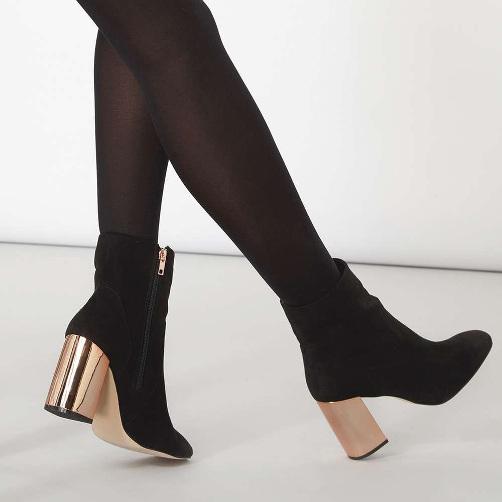Rose Gold Heel Black Suede Boots