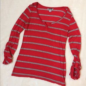 Red and Gray Striped Long Sleeve Shirt