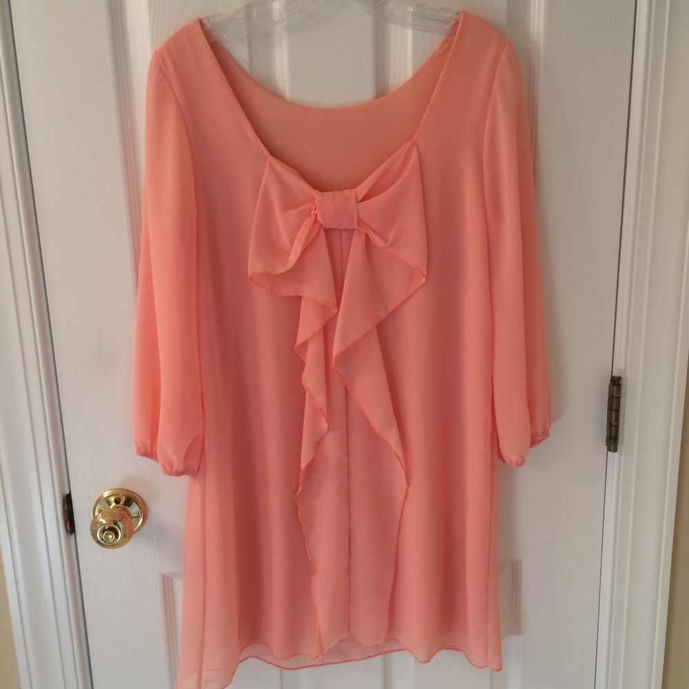 Peach Bow Back Dress Small Long Sleeve
