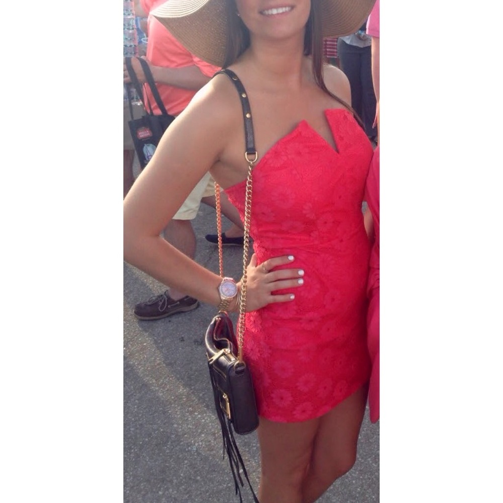 Pink/coral floral lace strapless dress