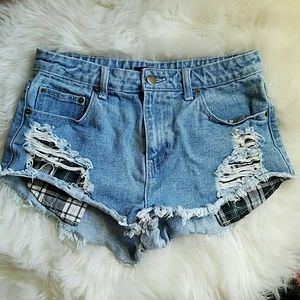 Forever 21 Denim Shorts with Plaid Pockets
