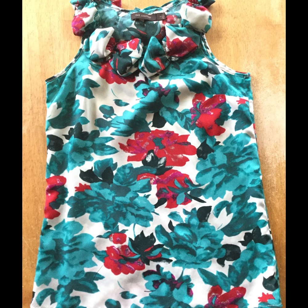 Green, red ruffle blouse