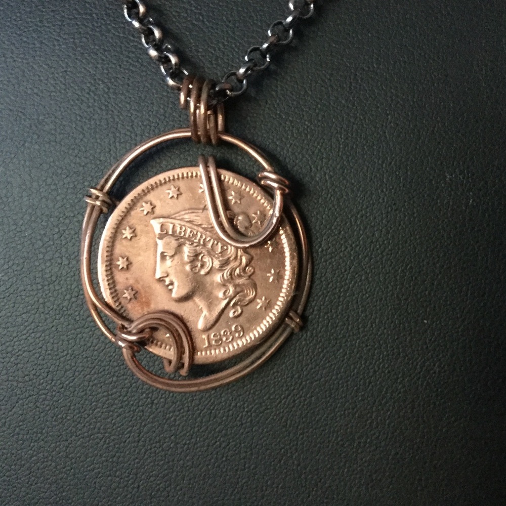 1839 US Large Penny Copper Wire Wrap Necklace