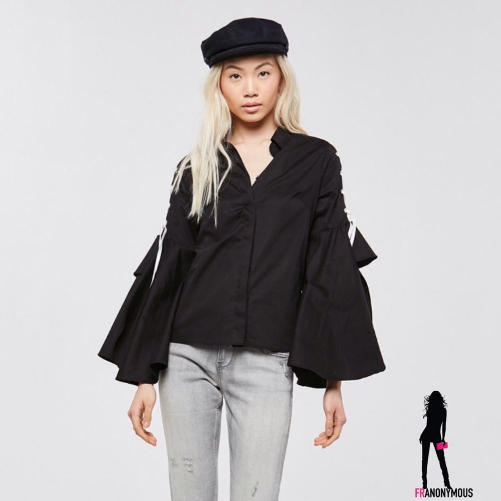 Black Cotton Bell Sleeve and Whipstitch Top