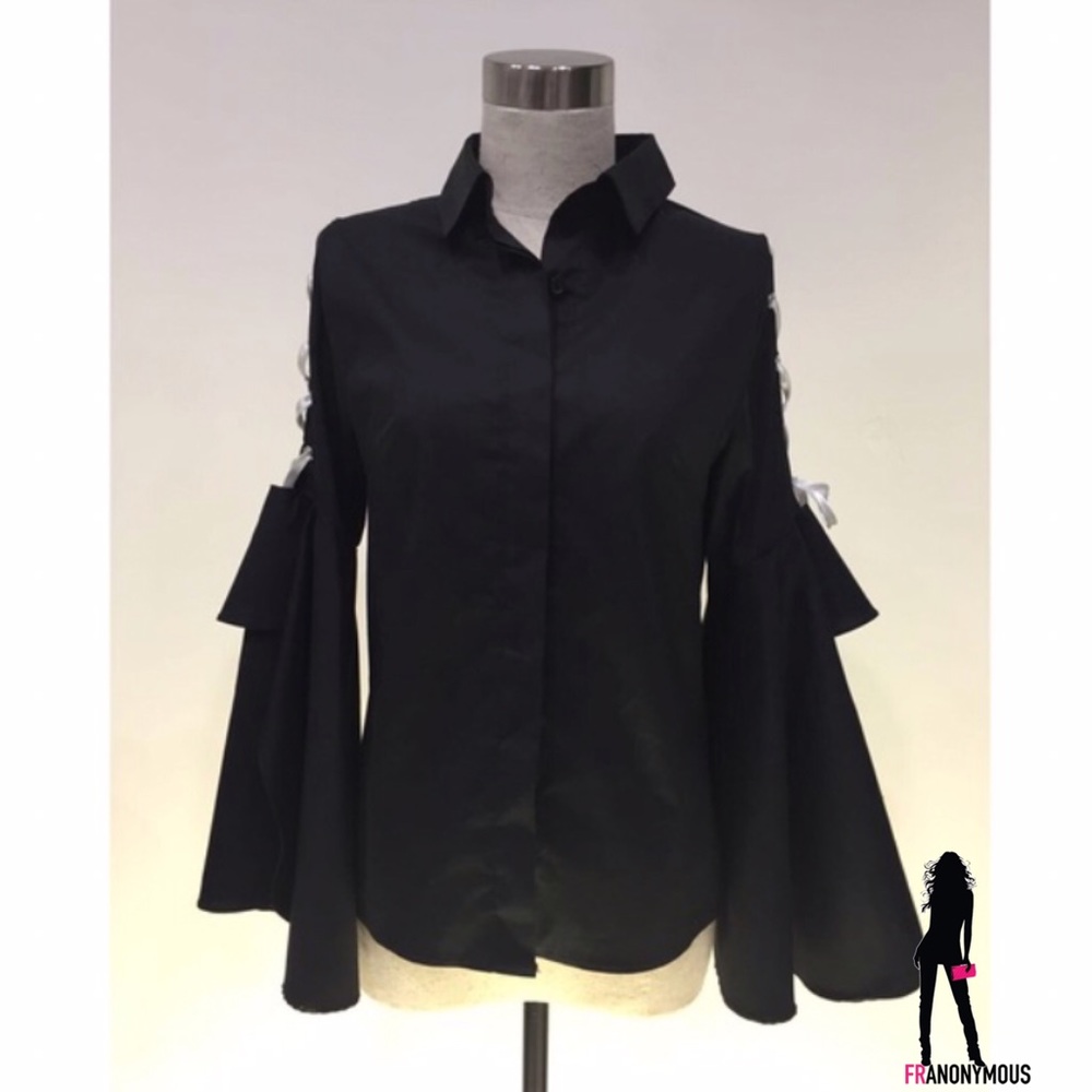 Black Cotton Bell Sleeve and Whipstitch Top - Picture 3 of 6