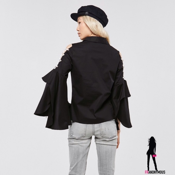 Black Cotton Bell Sleeve and Whipstitch Top - Picture 2 of 6