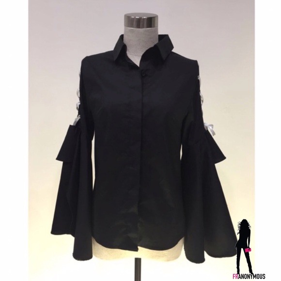 Black Cotton Bell Sleeve and Whipstitch Top - Picture 3 of 6