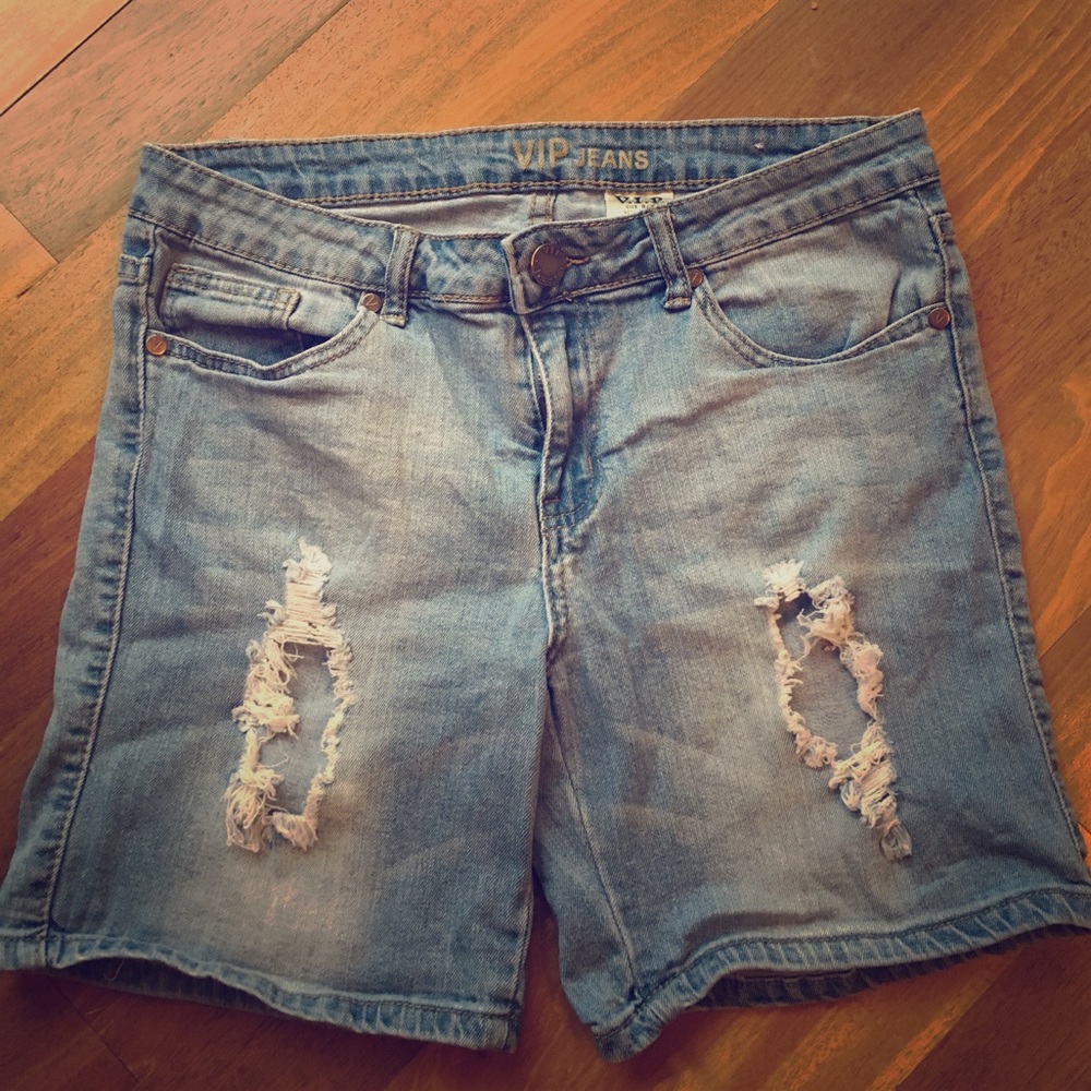 Distressed VIP jean shorts
