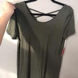 Olive green t-shirt dress with cross cross back