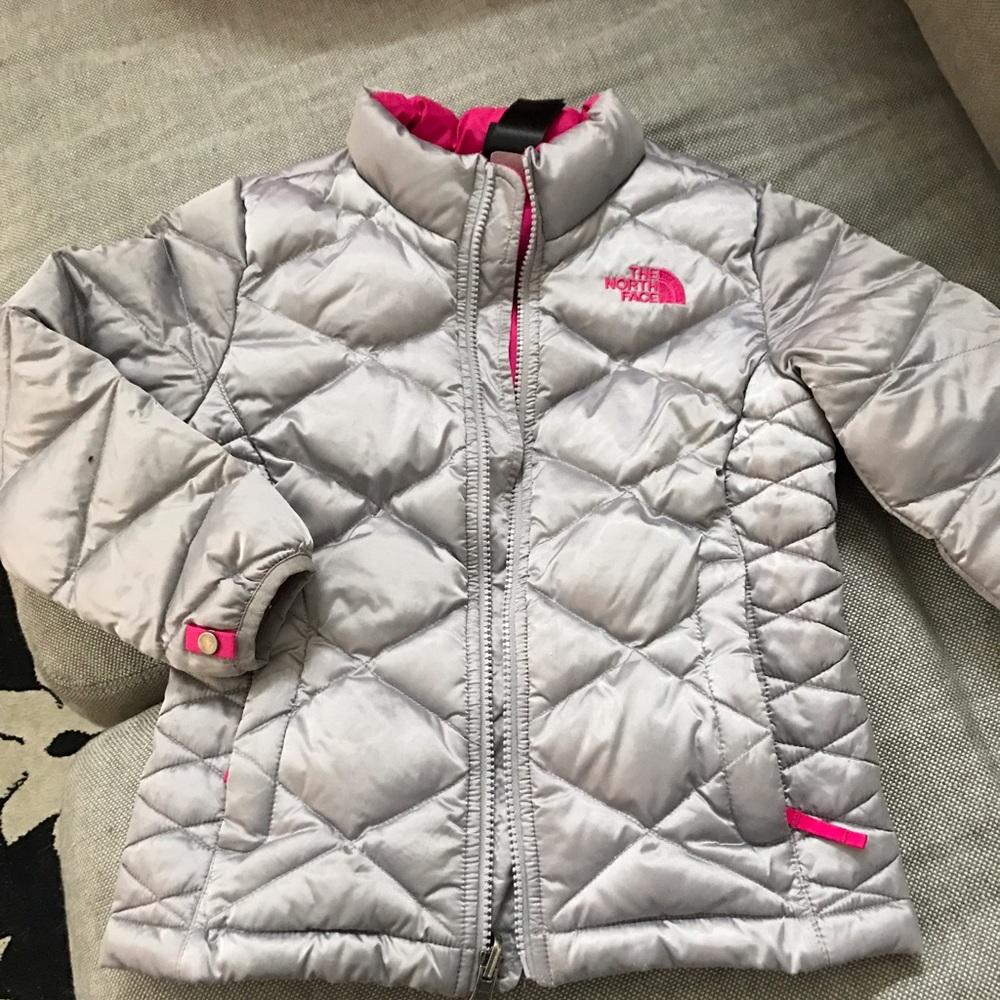 Kids Northface Parka - silver and hot pink