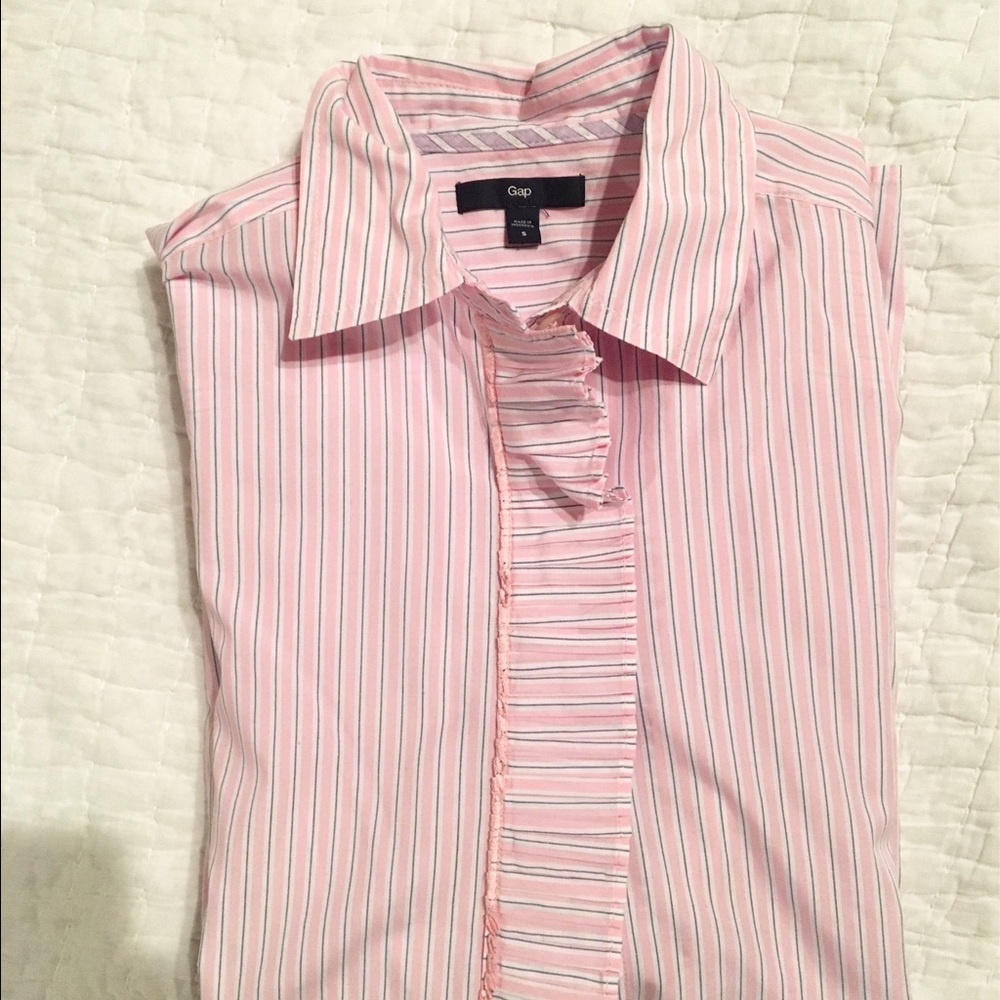 Gap Pink Striped Ruffled Front Button Down - Picture 3 of 3