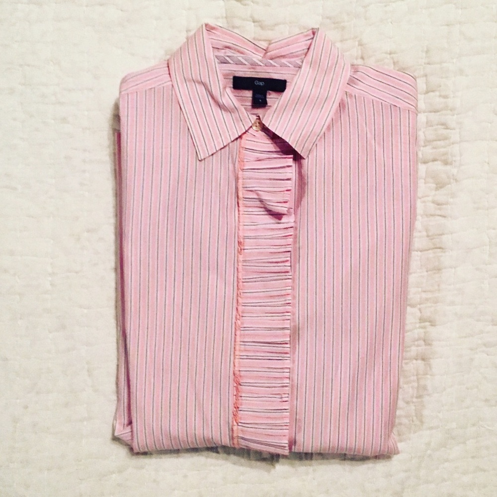 Gap Pink Striped Ruffled Front Button Down