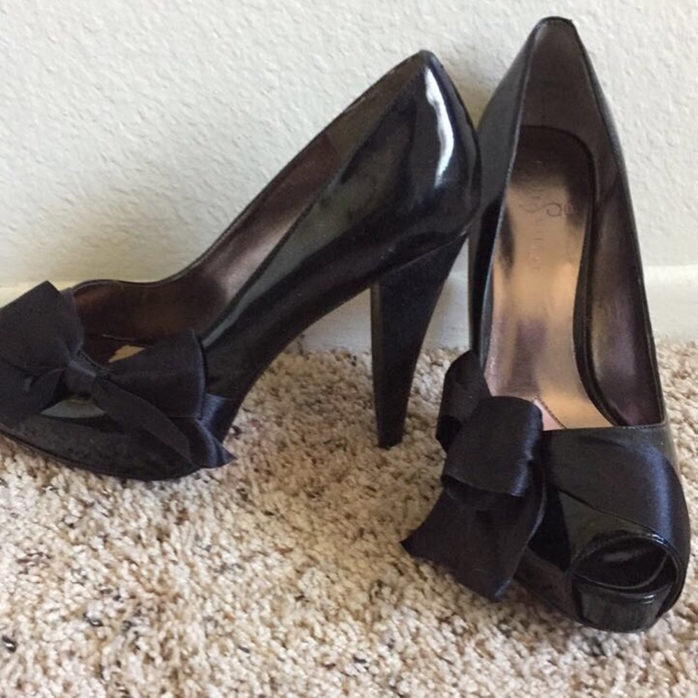 Size 11 black peep toe heels with black satin bow