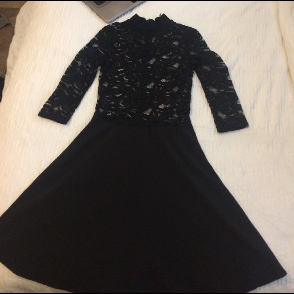 Black Lace Mock Turtleneck A-Line Dress