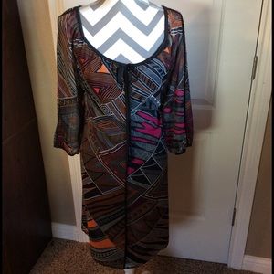 Kasper Geometric Pattern Dress with Sheer Sleeves