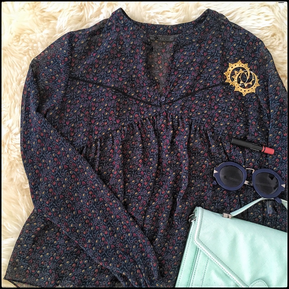 Zara Trafaluc Floral Chiffon Peasant Blouse - S