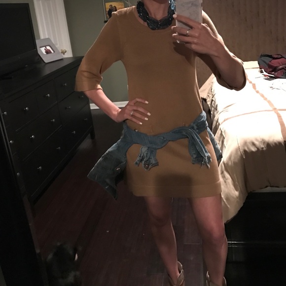 Tan sweater dress with gold buttons - Picture 2 of 3