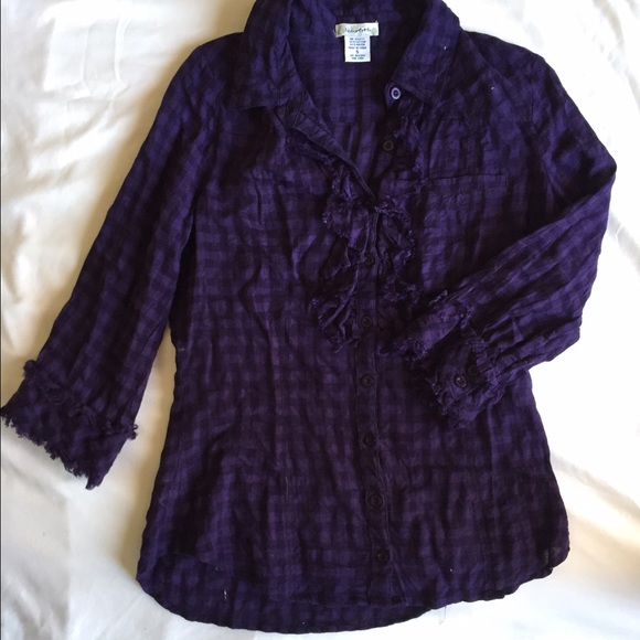 Black and purple plaid ruffle button up top. - Picture 1 of 2