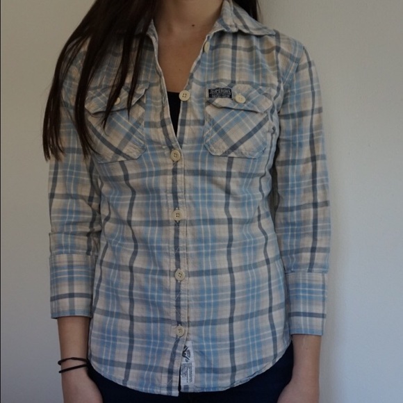 Yellow, blue and gray plaid button up shirt - Picture 1 of 3