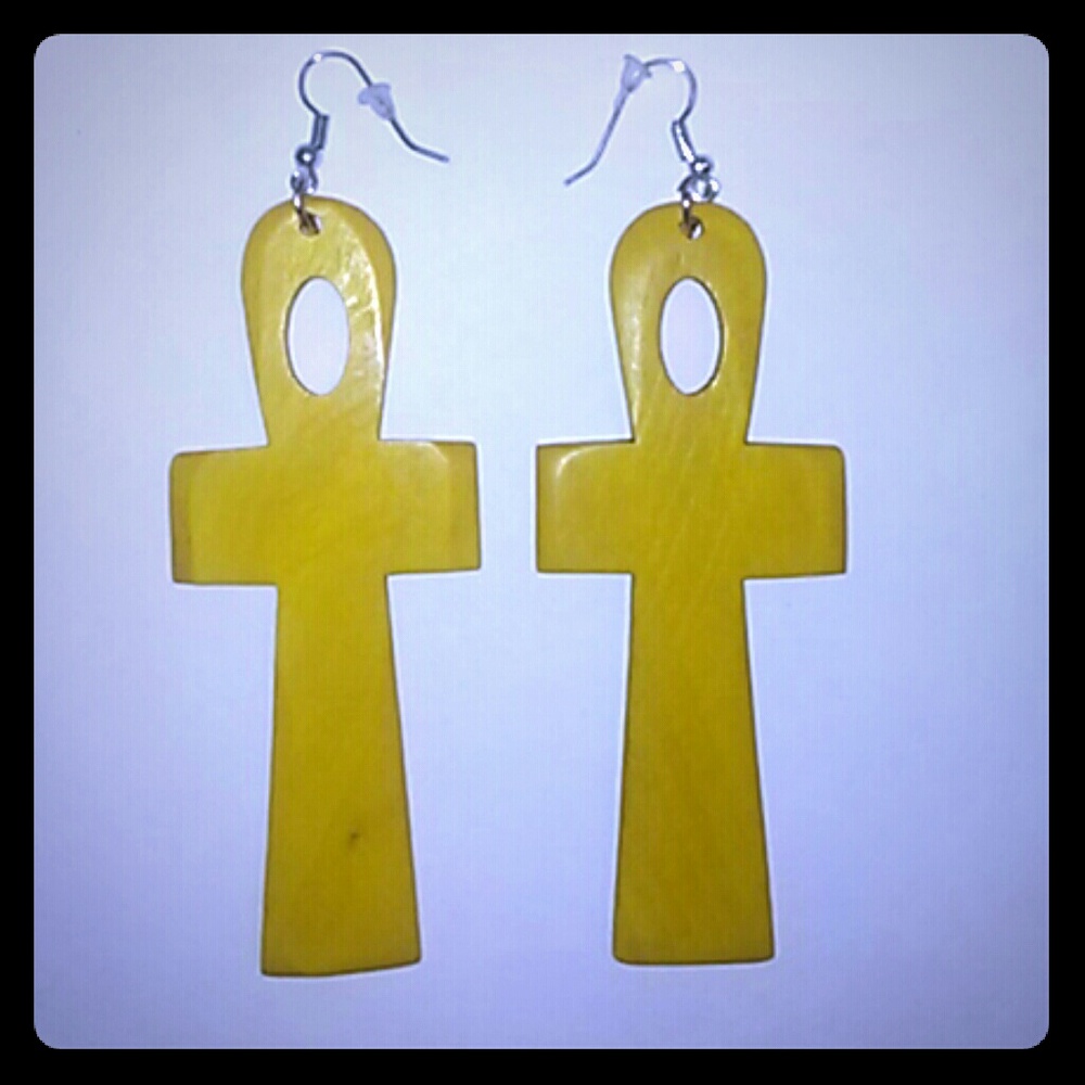 African Large Handcut/Painted Wooden Ankh Earrings
