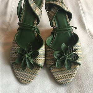 Slightly used peep toe wedge heel with ankle tie