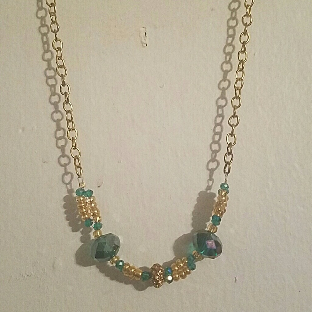 Handmade gold tone bead and chain necklace