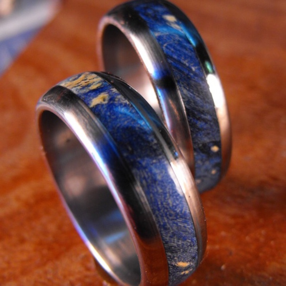 Handcrafted titanium & blue box elder wood ring