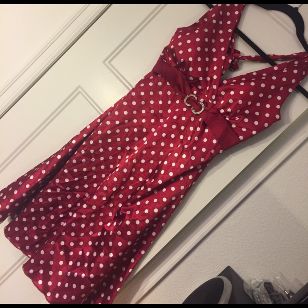 Satin polka dot halter dress