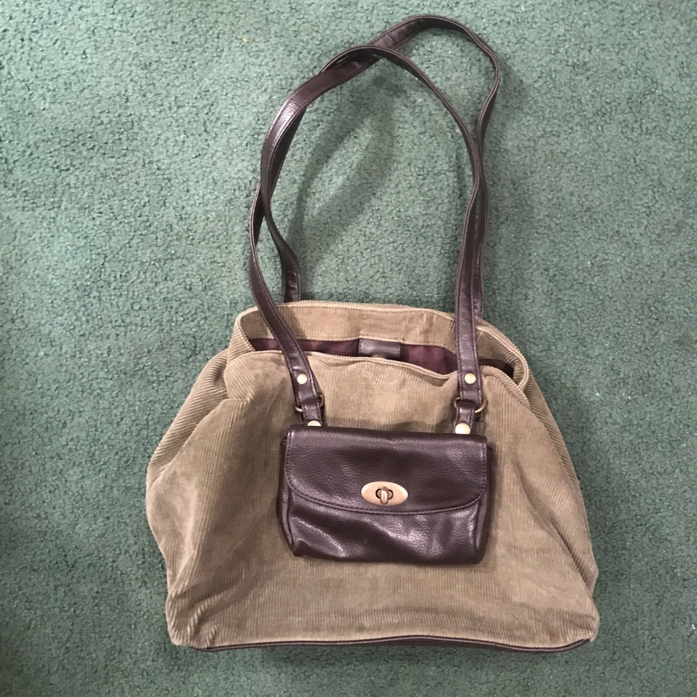 Olive green corduroy and brown purse