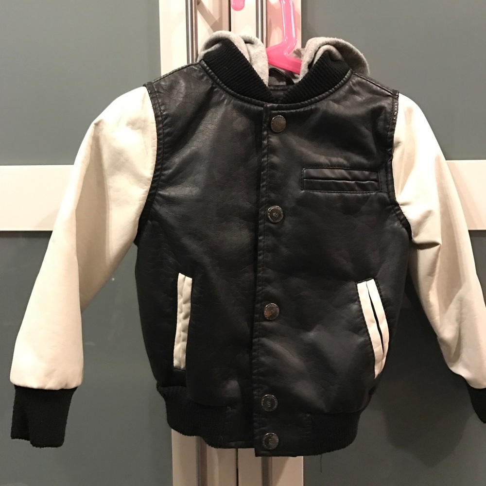 faux leather hooded baseball jacket