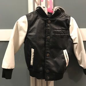 faux leather hooded baseball jacket