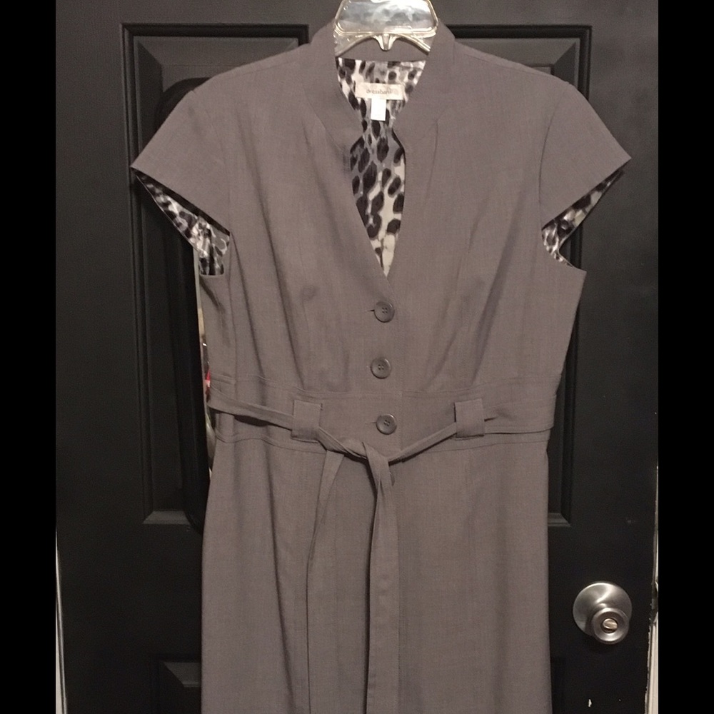 Grey dress princess seams, button front,tie belt.