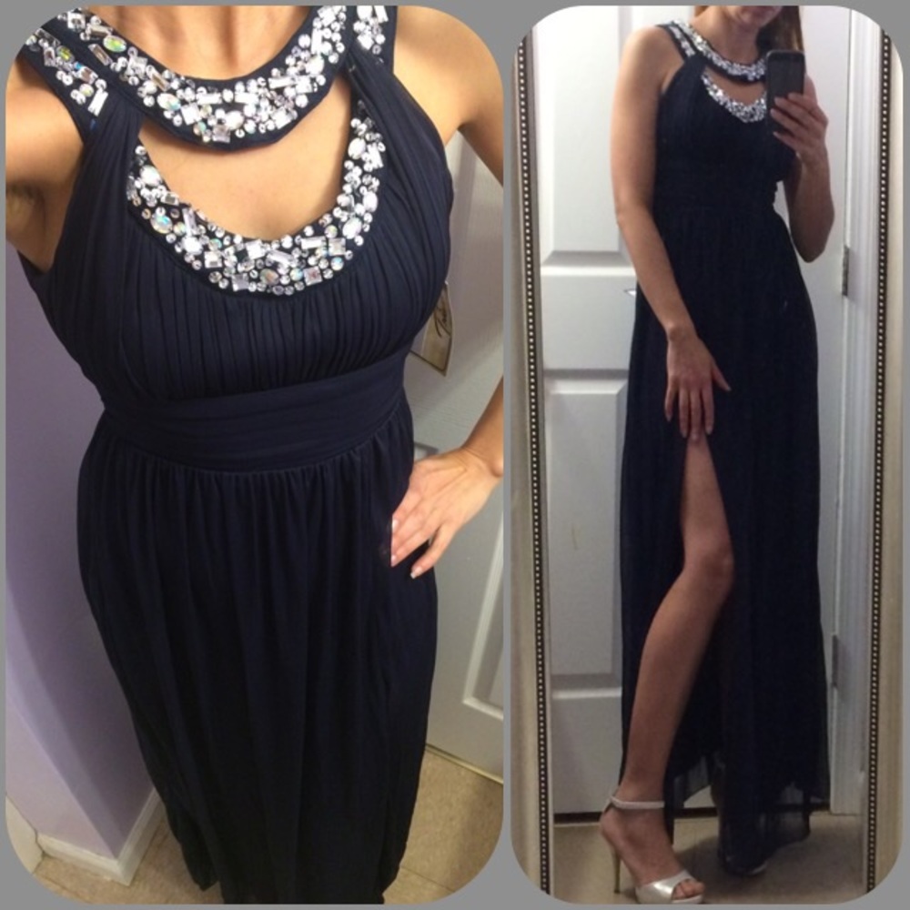 navy blue long formal gown