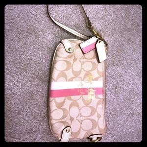 Light Tan Coach Wristlet with Pink & Cream Accent