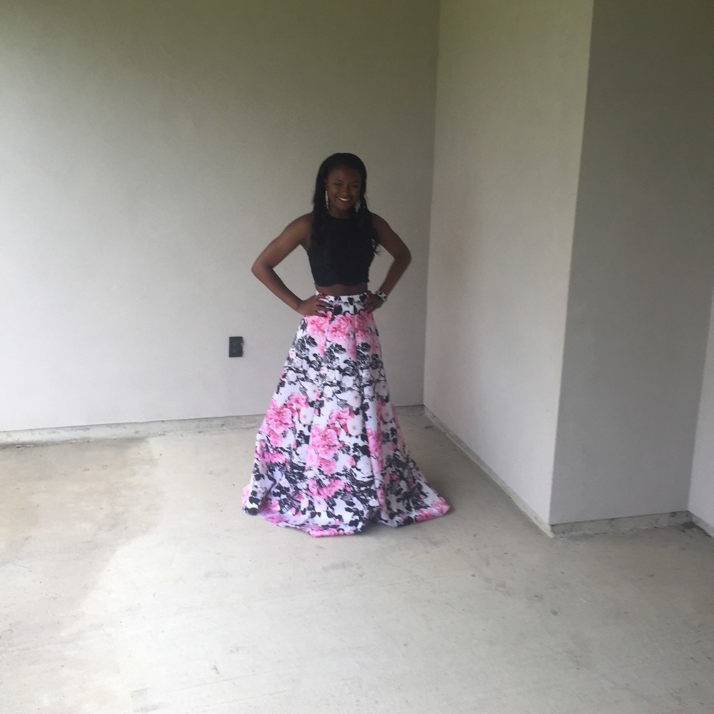 Pink & Black Floral Two-piece Prom Dress
