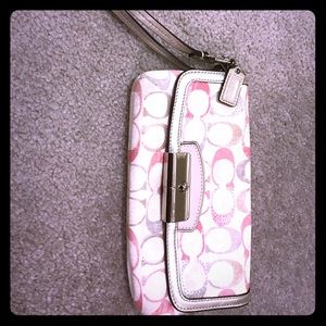 Tan Coach Wristlet with Pink & Grey Accent