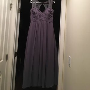 Grey chiffon gown with lace embellishment