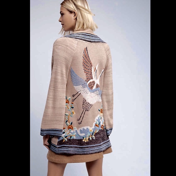 Anthropologie taupe blue gray Bird Cardigan L - Picture 3 of 3
