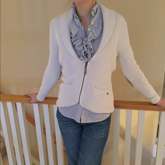 J Crew Blue Pinstripe Ruffle Front Shirt - Picture 2 of 3