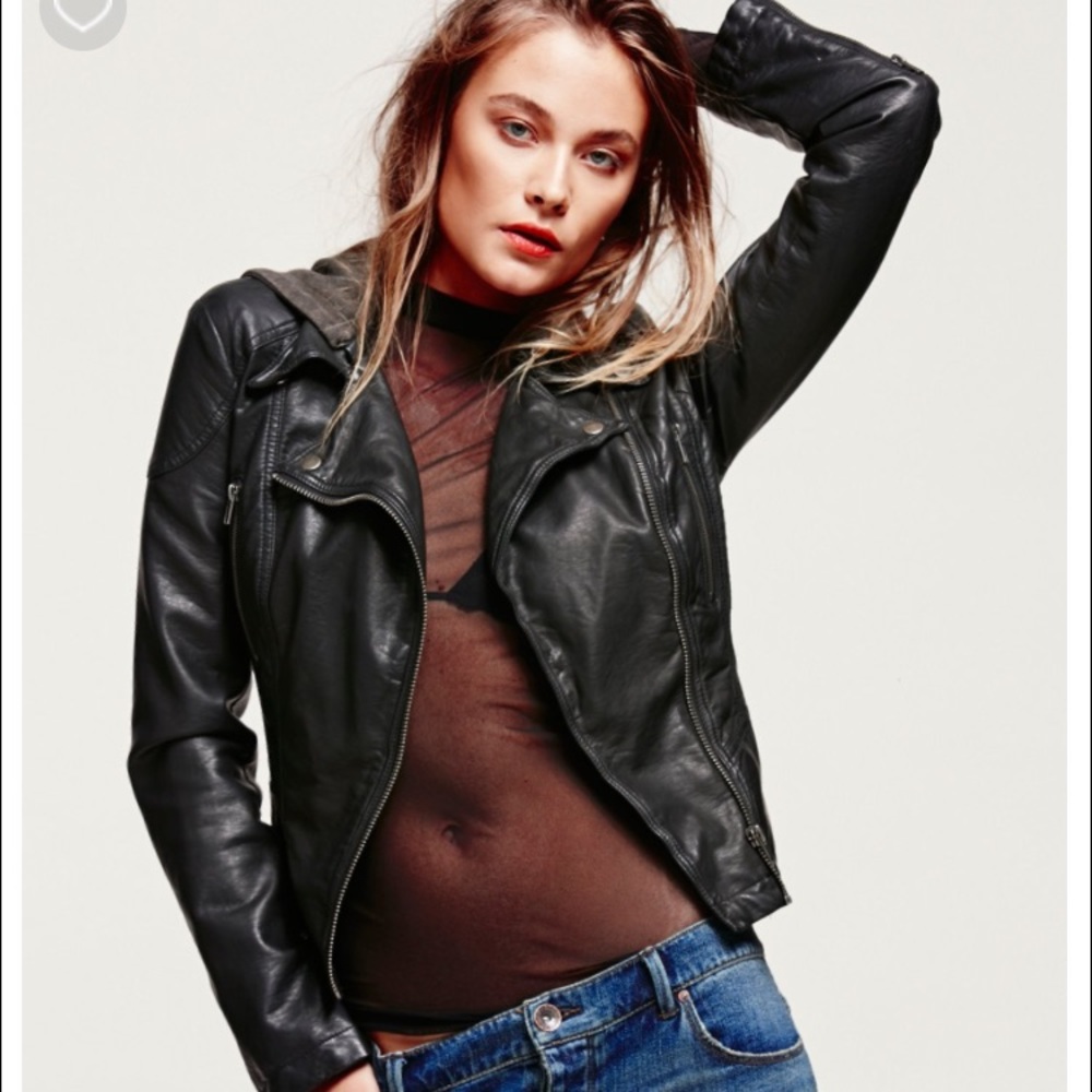 Vegan leather hooded jacket